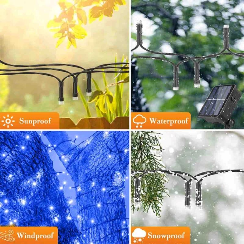 Guirnalda de luces navideñas solares para exteriores, 30/100 LED, 8 modos, luces solares para exteriores, adecuadas para jardín, terraza, valla, fiestas navideñas