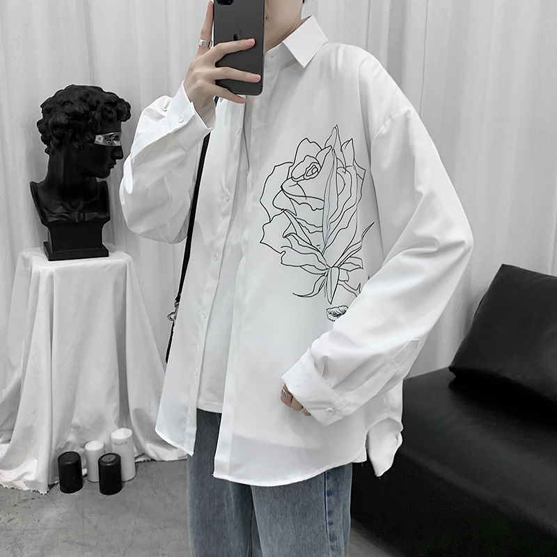 Homme chemises imprimé Simple tourner vers le bas col Simple boutonnage décontracté ample hauts pour hommes stylé tout-match Ulzzang Chic Streetwear homme