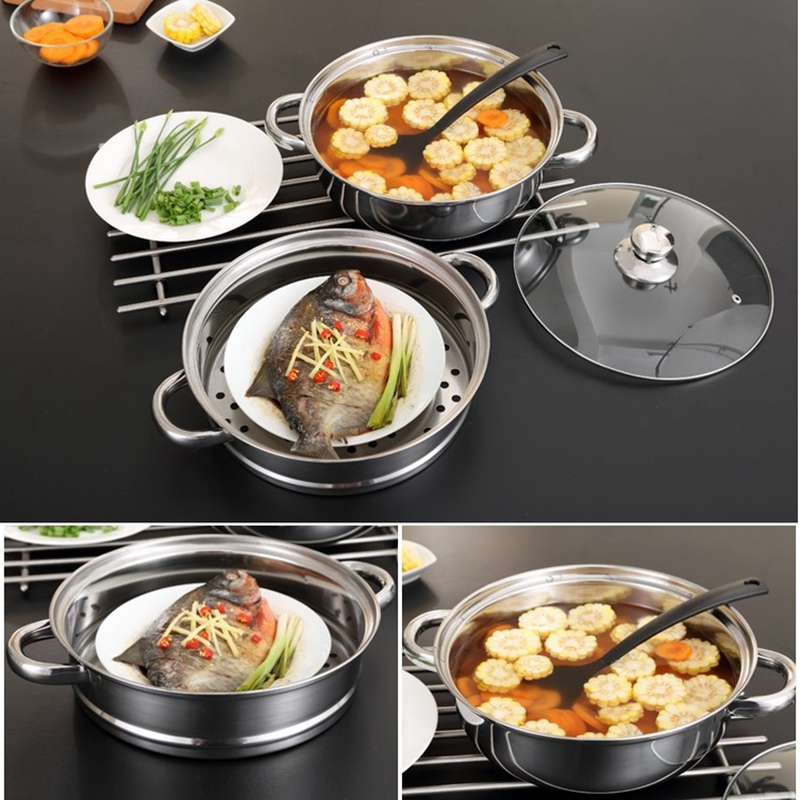 2 lagen Voedsel Steamer Kookpot Heater Rvs Hotpot Keuken Soeppan 28cm Grote Anti-aanbak Pan Voor Gas Inductie fornuis