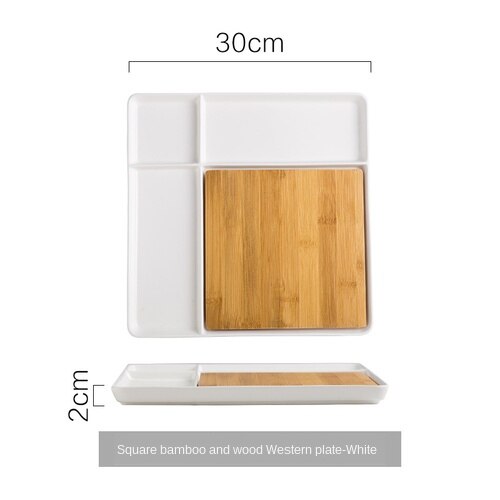 Ceramic Western Plate Grid Plate Household Square Tableware Snack Platter Bamboo Wood Western Steak Plate: 1pcs-A