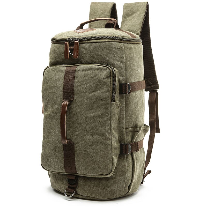 Grandi Uomini di Capacità Cilindro Zaini Tela di Canapa Bagaglio Borse A Spalla Duffle di Viaggio Impermeabile di Cuoio Solido Casual Caso Zaino: Army Green-Small