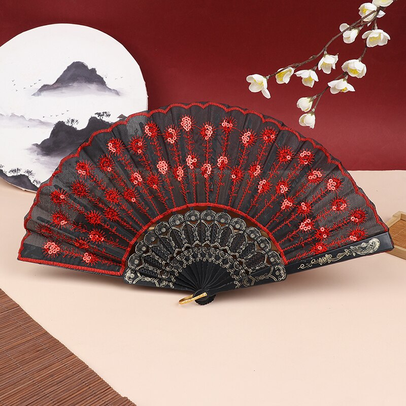 Silk Fan Folding Fan Wedding Art Peacock Sequin Dancing Fan Hand Held Fan: RD
