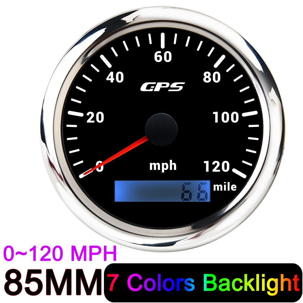 HD 85mm GPS Speedometer 30 60 80 120 160 200 MPH Waterproof Speed Gauge for Mairne Yacht Boat Car Truck 7 Colors Backlight 9-32V: 120MPH Black silver