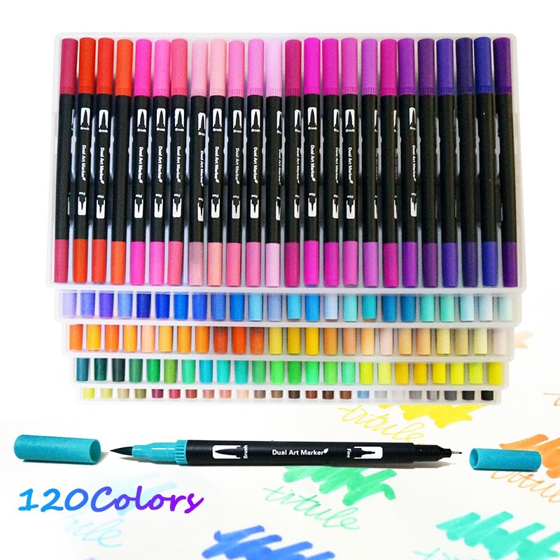 120 Kleuren Box Art Markers Fine Liner Dual Tip Borstel Pennen Set Tekening Schilderij Aquarel Pen Schoolbenodigdheden: 120 Colors Black