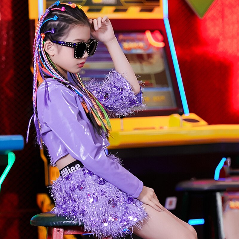 Hip Hop Dance Costume Girls Purple Cute Tutu Skirt Girls Jazz Cheerleading Clothing Street Dancing Outfit Stage Wear DNV13217