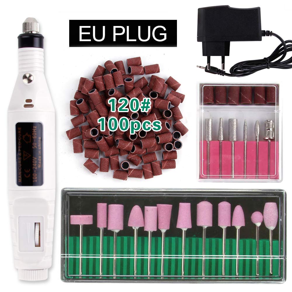Elektryczne aparaty do Manicure urządzenie do Pedicure kwarcowe wiertła do paznokci 100Pc szlifowanie taśmy szlifierskie pilnik do paznokci bufor żel usuń: White EU Plug 120