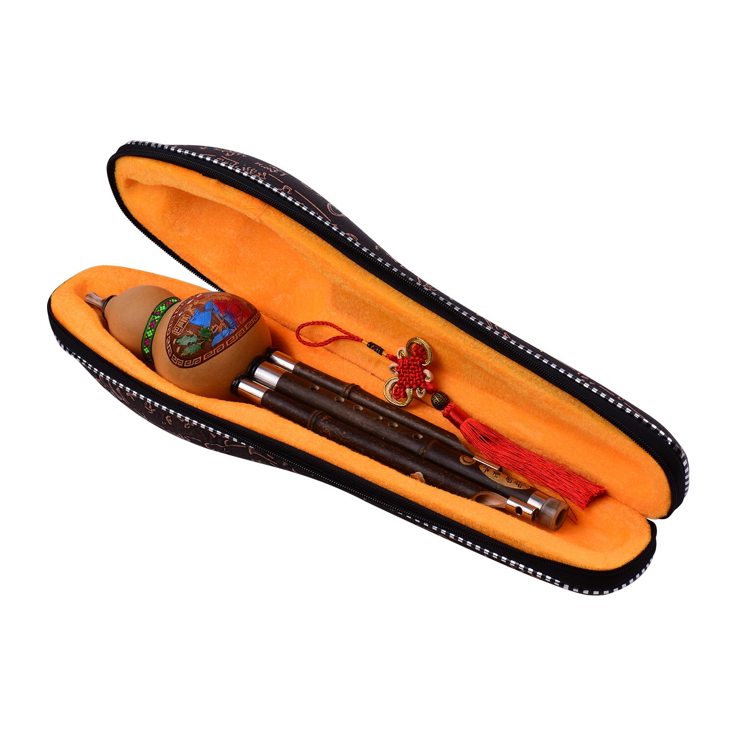 3 Tone C-Key Hulusi Gourd Cucurbit Flute Black Bamboo Pipes Chinese Traditional Instrument with Chinese Knot Carry Case: Normal
