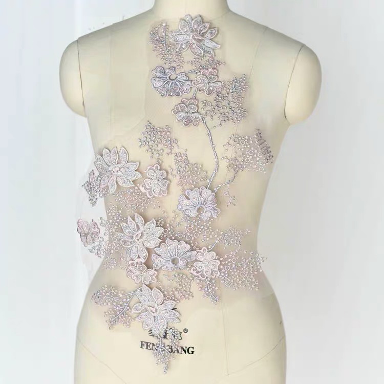 Kleur 3D Bloem Bead Rhinestone Mesh Gaas Borduurwerk Kant Jurk Doek Patch Patch Kleding Reparatie Trouwjurk Patch: purple