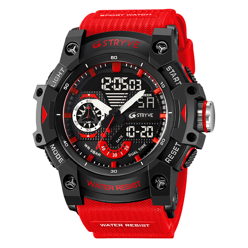 STRYVE Sports Dual Display Watch For Men LED Digital Quartz Waterproof Watches Men's Stopwatches Clock Youth Wristwatches 8029: Red