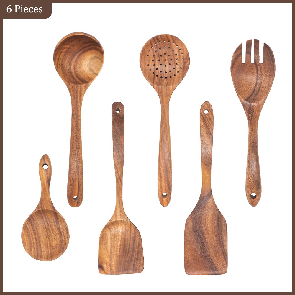 Thailandia Teak Legno naturale Stoviglie Cucchiaio Mestolo Turner Lungo Colino per riso Zuppa Skimmer Cucchiai da cucina Scoop Set di utensili da cucina: green