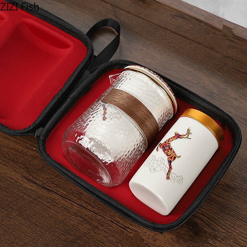 Portable Ceramic Kung Fu Tea Set One Pot and Three Cups Glass Travel Tea Set Japanese-style Hand Painted Home Tea Set Supplies