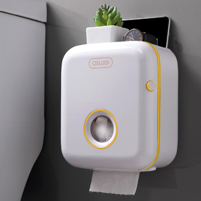 Wall Mount Toilet Paper Holder Waterproof Bathroom Tissue Storage Box Home Free Punch Roll Paper Organizer Bathroom Accessories: Yellow edge