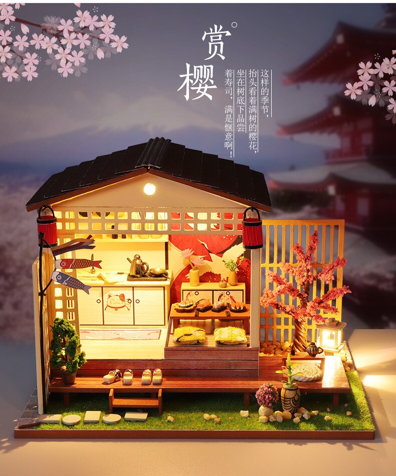 Japanse Stijl Huis Leunend Sakura Huisje Handgemaakte Diy Woningbouw Mini Model Assembly Meisje