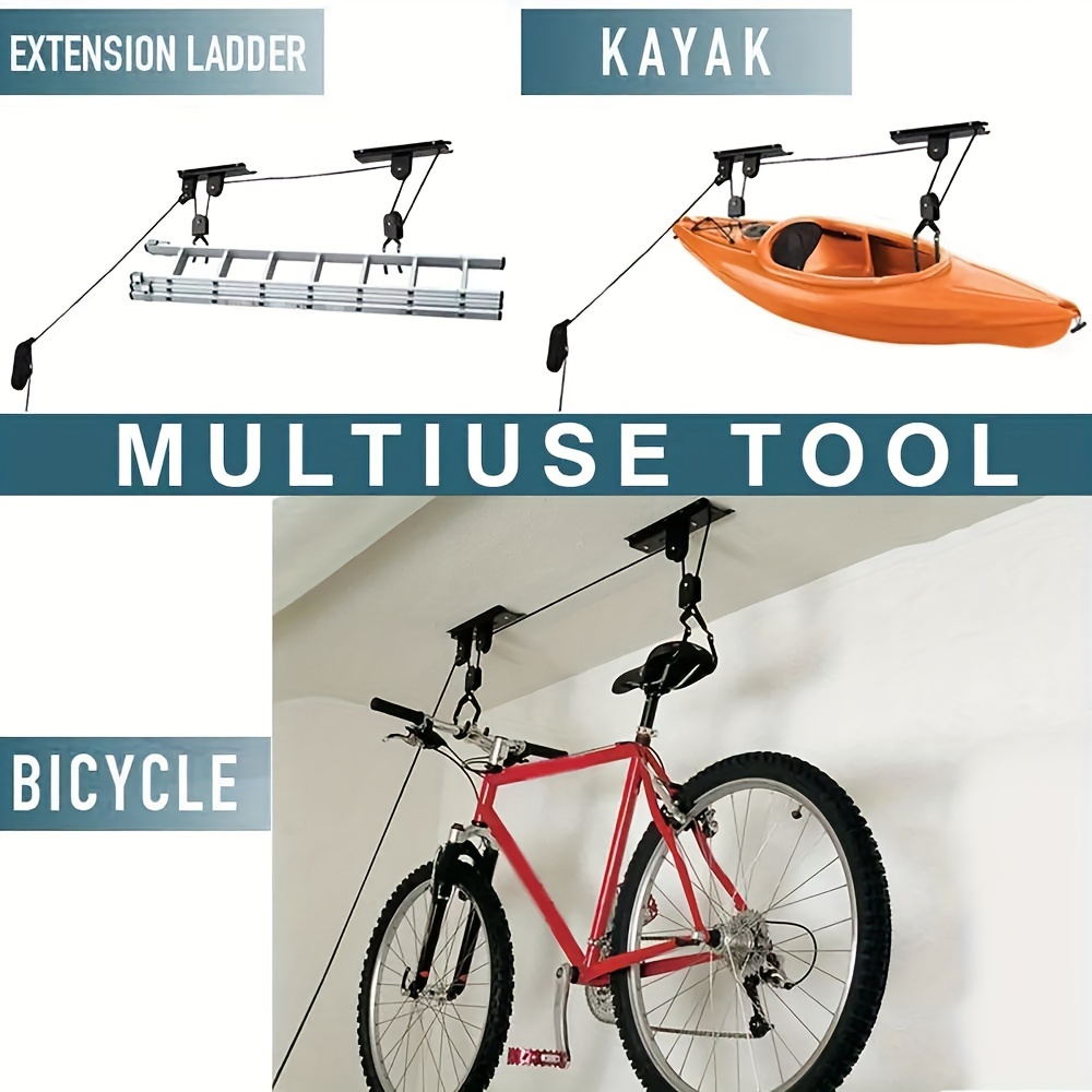 1 conjunto de guindaste de bicicleta, armazenamento de garagem, sistema de polia de elevação de bicicleta com rolamento de 60kg, rack de teto resistente, cabide de bicicleta