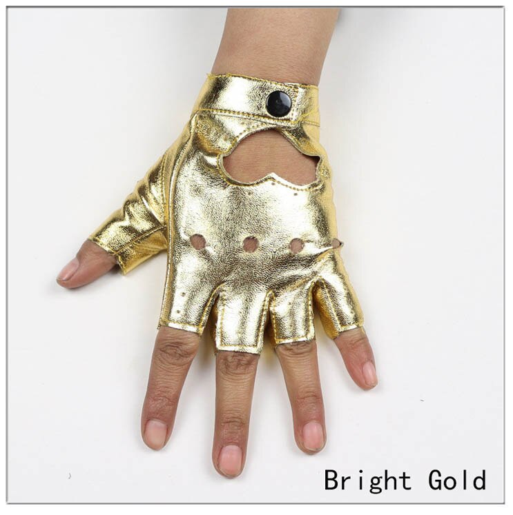 Ninja Women Leather Gloves Fingerless Star Hollow Gloves Party Show Breathable Half Finger Mittens Women: Bright gold