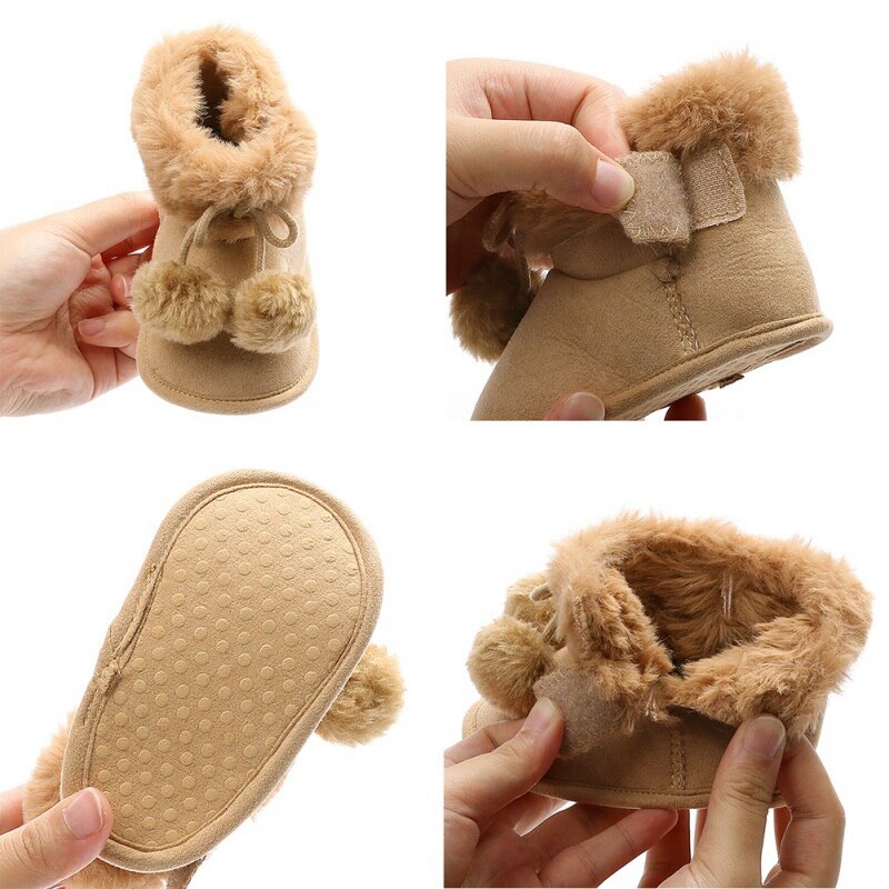 Novo outono botas de inverno do bebê meninos da menina do inverno sapatos quentes da moda sólida da criança bolas fuzzy primeiros caminhantes sapatos do miúdo 0-18m