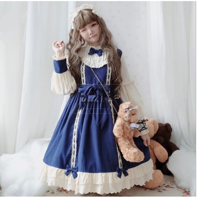 Vintage Palace robe victorienne bleu doux Kawaii Lolita robe à manches longues nœud papillon princesse gothique Lolita Op Loli Cos bandeau
