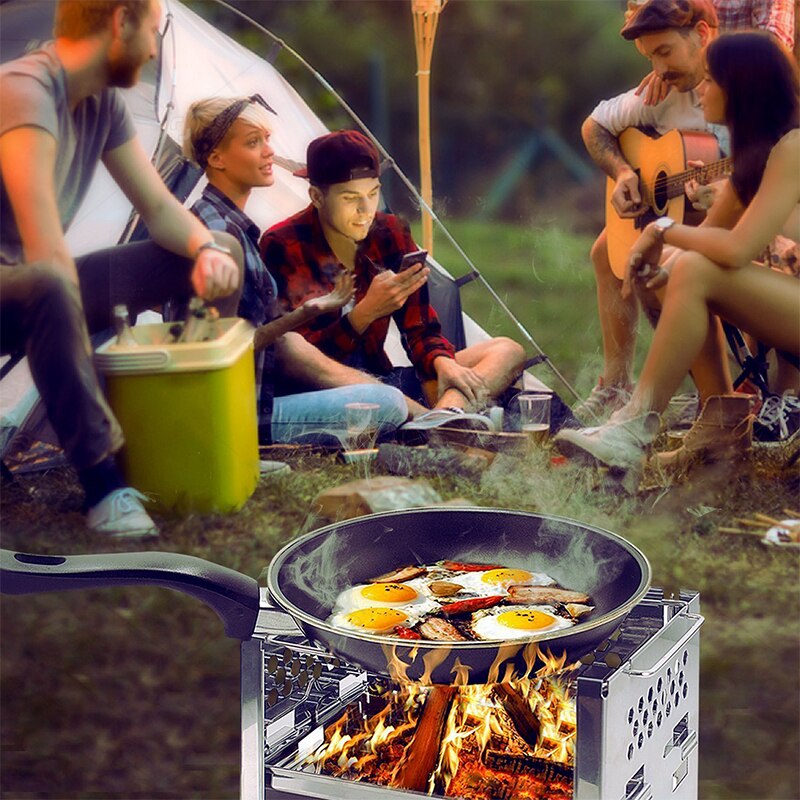 Rostfritt stål vedeldad campinggrill picknick bbq spis bärbar hopfällbar backpacking spis grill för utomhusbruk