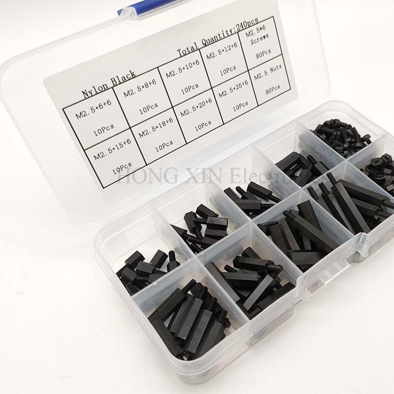 240Pcs M2.5 Black Male-Female Hex Nylon Spacers PCB Threaded Screws nuts Bolt Assortment kit set Standoff Box