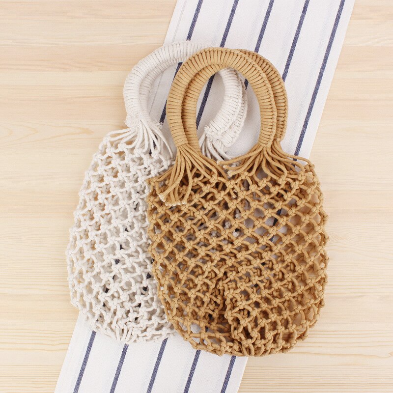Sac de plage en fil de coton tissé à la main, nouvelle série de fils de coton de Style Mori de poche en filet de couleur Pure, sac de plage de