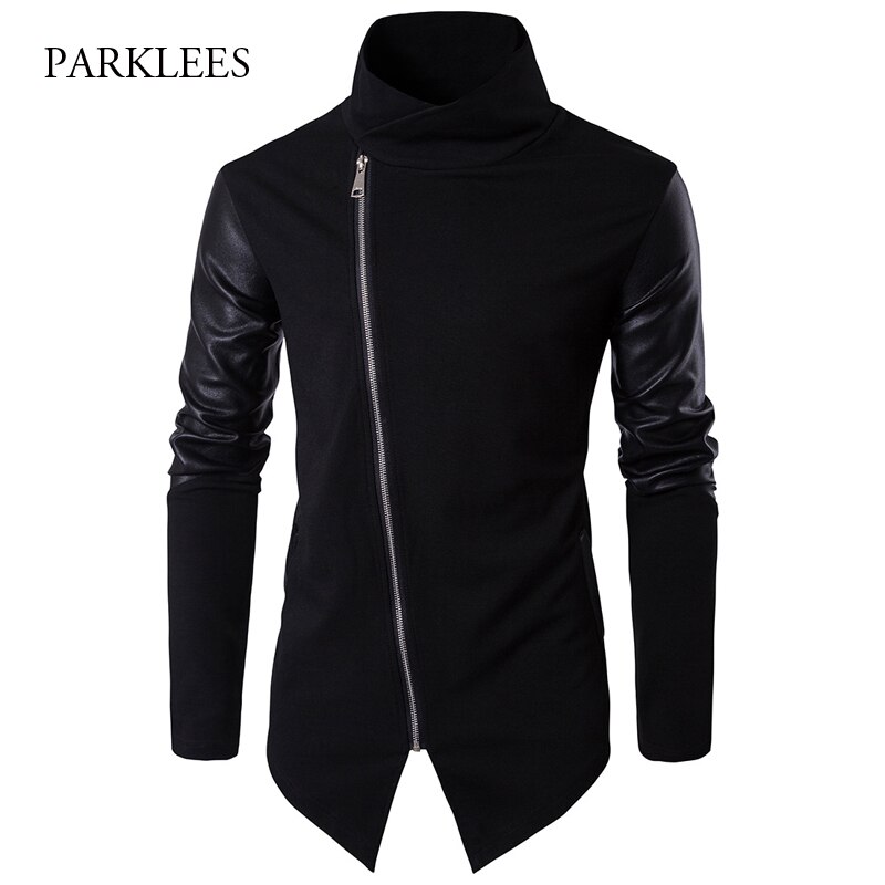 Rollkragenpullover Männer Patchwork PU Leder Ärmel Lange Herren Strickjacken Beiläufige Dünne Reißverschluss Schwarz ziehen Homme