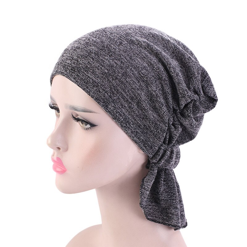 Womens Muslim Hijab Stretchy Cotton hat Turban Hair Caps Cover Hair Loss Head Scarf Wrap Pre-Tied Headwear Strech Hair Styling: Dark Gray