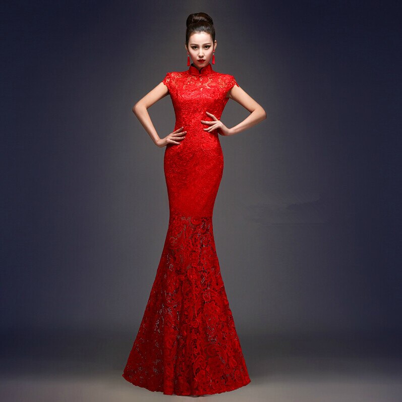 Vestido de novia Cheongsam de estilo chino Vintage, ropa de tostada Retro, Vestido largo de boda, Qipao Delgado, Vestido de noche de , Rojo: L
