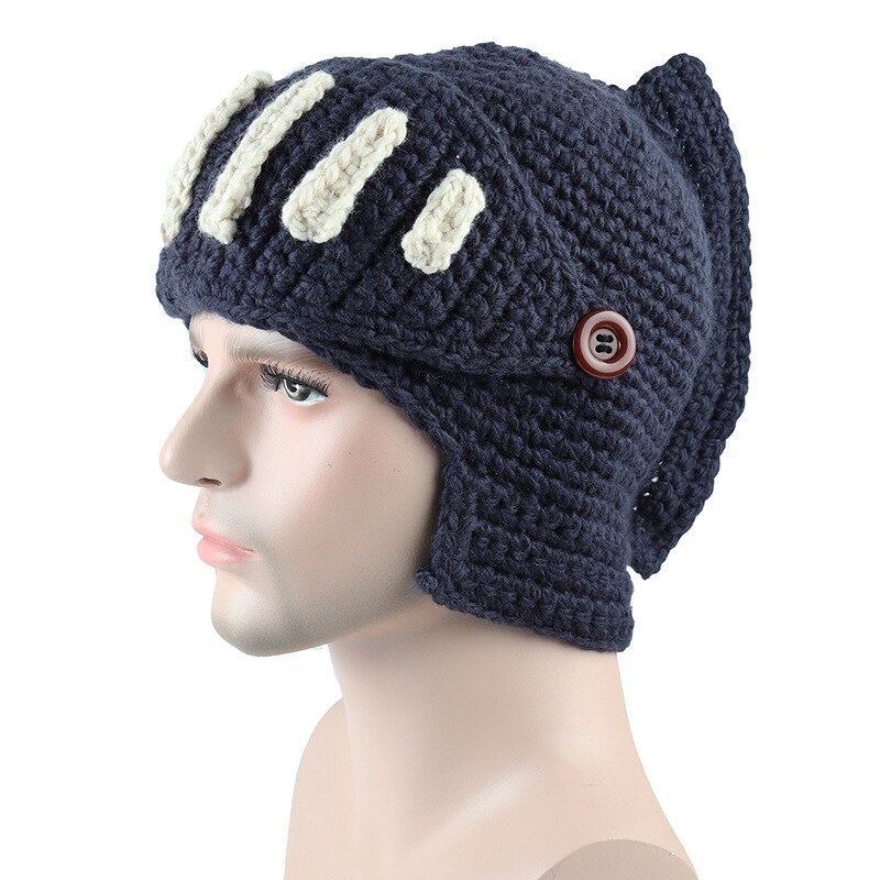 Skullies Beanie Roman Knight Topless Knit Hat Autumn Winter Gladiator Mask Cap Handmade Wild Knitted Male Hat