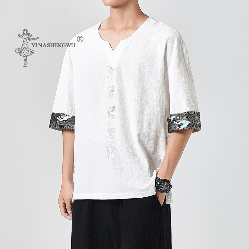 Japanske kimonoer kortærmet t-shirt broderet harajuku yukata japan sommer herre linned herre skjorter bukser asiatisk kostume