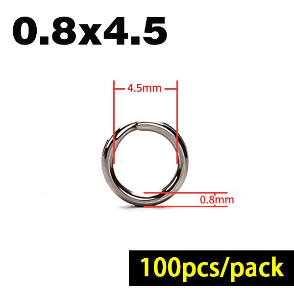 100 st/lot fiskeringar delade ringar i rostfritt stål förstärker solida ringdrag anslutande ringfisketillbehör: 0.8 mmx 4.5mm