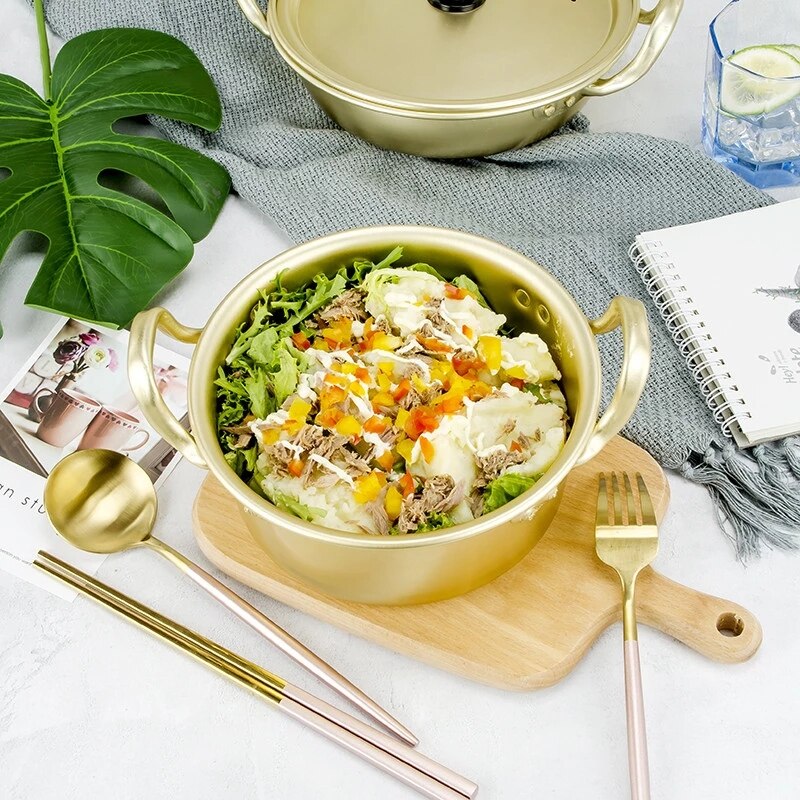 Ramen-olla de cocina de aluminio, tetera dorada con recubrimiento oxidado para Fideos, hacer sopa, huevo, utensilios de cocina de estilo coreano