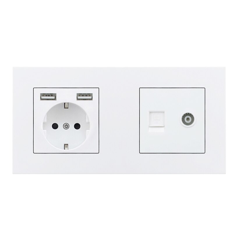Atlectric DE EU Power Socket Dual USB Charging Port RJ45 TV Television Computer Double Socket Plastic PC Panel Wall Outlet: 1Socket Rj45 With TV