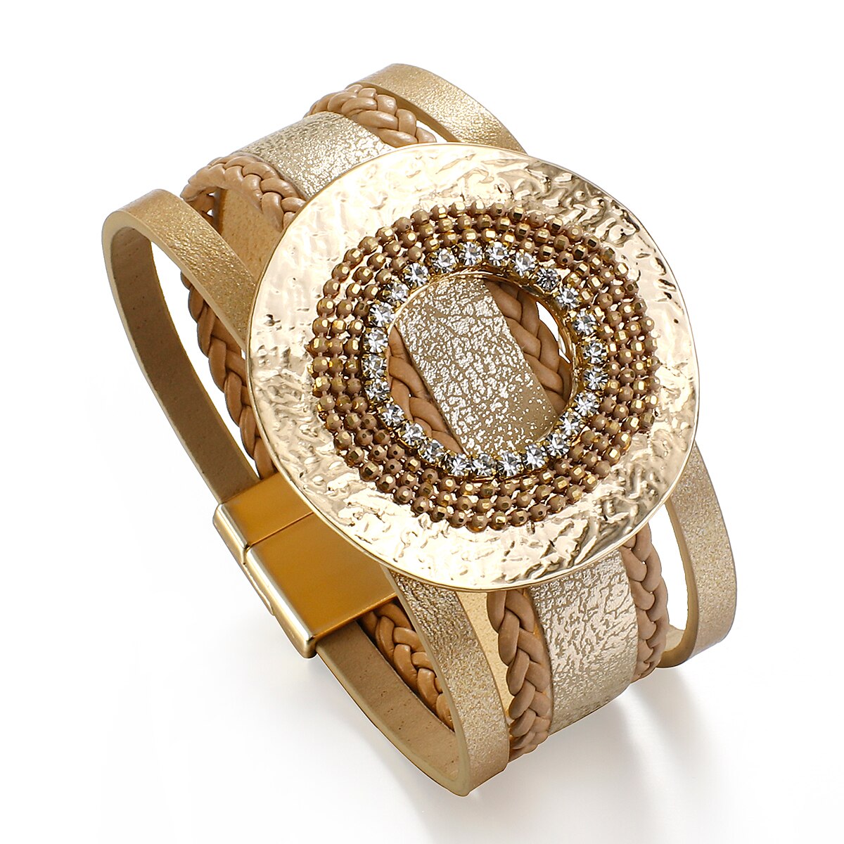 Amorcome Grote Metalen Ronde Charm Lederen Armbanden Voor Vrouwen Wide Wrap Armbanden Statement Sieraden: Gold