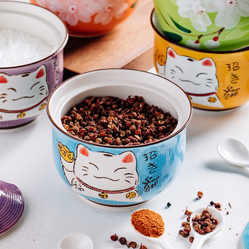 Håndmalet flerfarvet heldig kat i japansk stil keramisk krydderi grydekasse køkken hjemme salt peber flaske sukkerskål