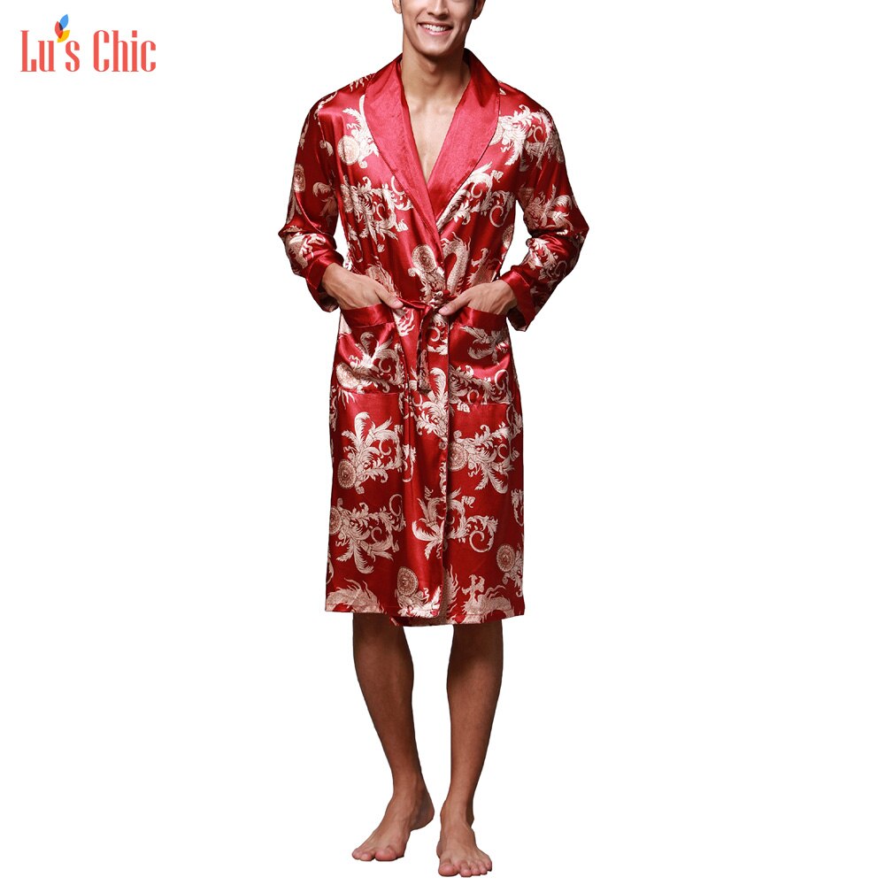 Lu's smarte mænd satin kimono kåbe langærmet silke badekåbe luksuriøse badekåber husfrakke nattøj: Rød / L