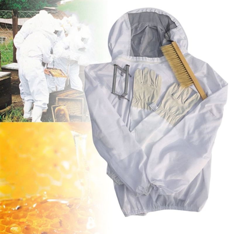 Traje de apicultura chaqueta de apicultura con velo chaqueta de apicultor guantes abeja colmena cepillo y caja de abejas Clip herramienta Set Queen