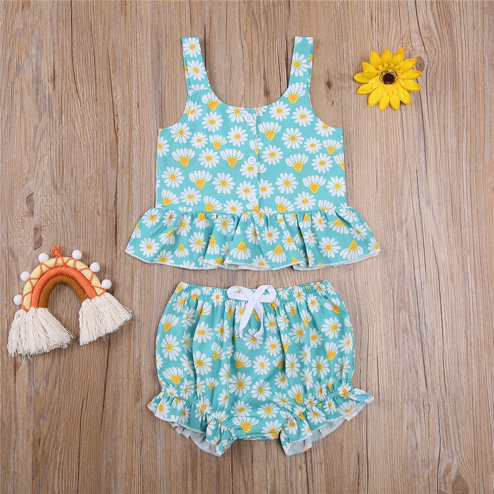 Baby Camisole + Shorts, Ruffle Decoration with Small Daisy Print Elastic Waist Summer Clothing 6M-4T