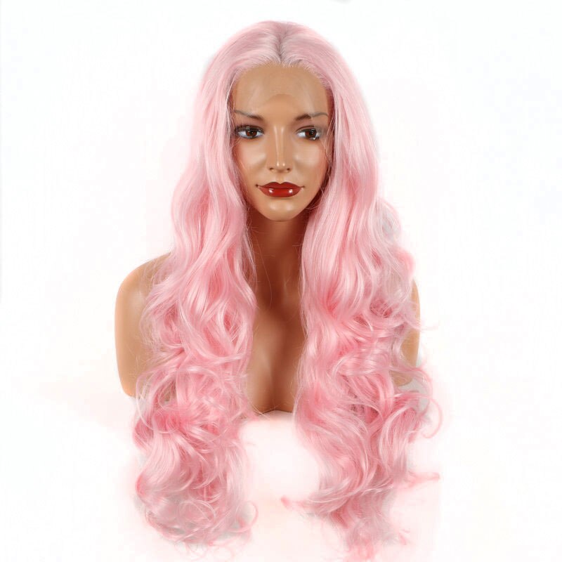 Bombshell bebê rosa onda do corpo peruca dianteira do laço sintético resistente ao calor do cabelo de fibra natural linha fina meio de separação para perucas femininas