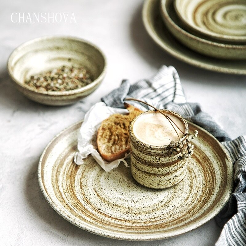 CHANSHOVA, conjunto moderno de plato redondo de cerámica grueso pintado a mano de estilo antiguo Vintage, platos, taza de té, juego de cuencos, utensilios de cocina H000