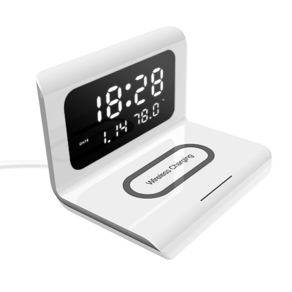 10W Clock Perpetual Calendar Wireless Charging Universal Phone Fast Charger With Thermometer Calendar Clock For IPhone samsung: White
