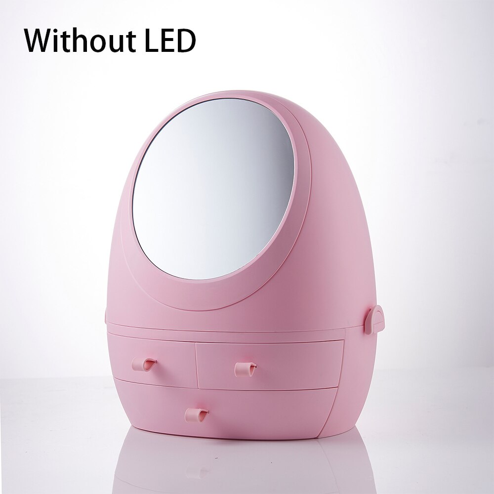 Makeup Organizer Cosmetic Storage Box With LED light Jewelry Container Dust proof Drawer Waterproof Vanity mirror USB Charging: Pink Without LED