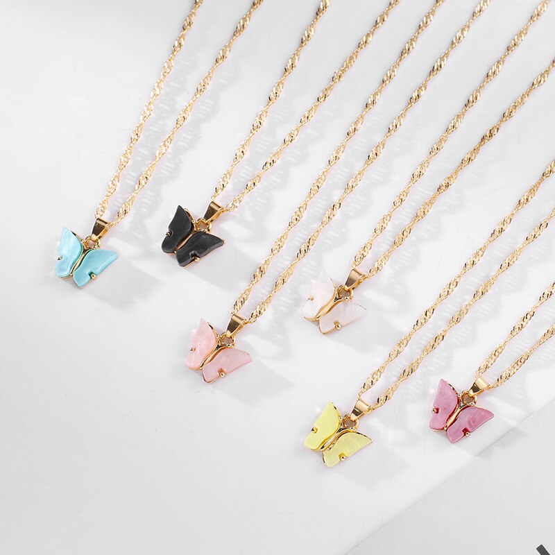 Bohemian Candy Color Butterfly Pendant Necklaces For Women Trendy Beads Chian Clavicle Chian Jewelry