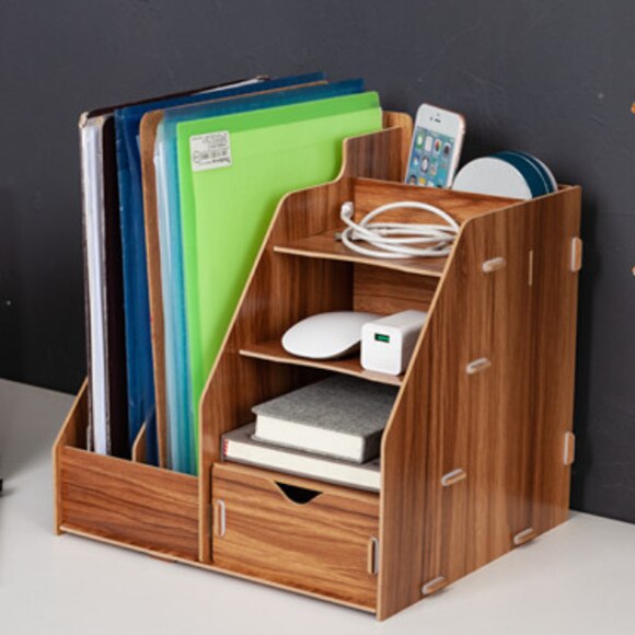 DIY Wooden Magazine Desk Organizers Book Holder Stationery Storage Holder Stand Shelf Rack Multifunctional Case: A-brown