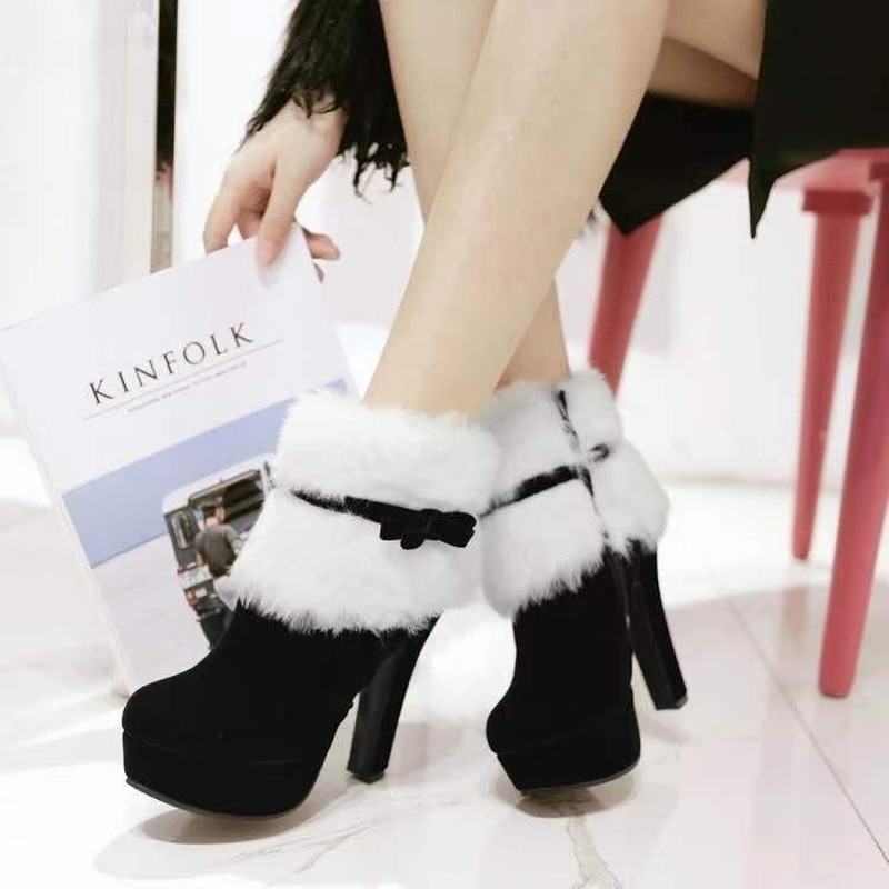 Femmes bottines noël talons hauts plate-forme chaussures Femme hiver fourrure bottes courtes rouge noir dames chaussures de fête grande taille
