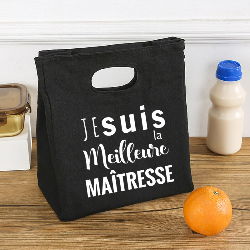 French Print Ice Cream Cooler Bags Lunch Bag Portable Insulated Canvas Bento Tote Thermal School Food Storage Pouch Teacher Gift: Brązowy