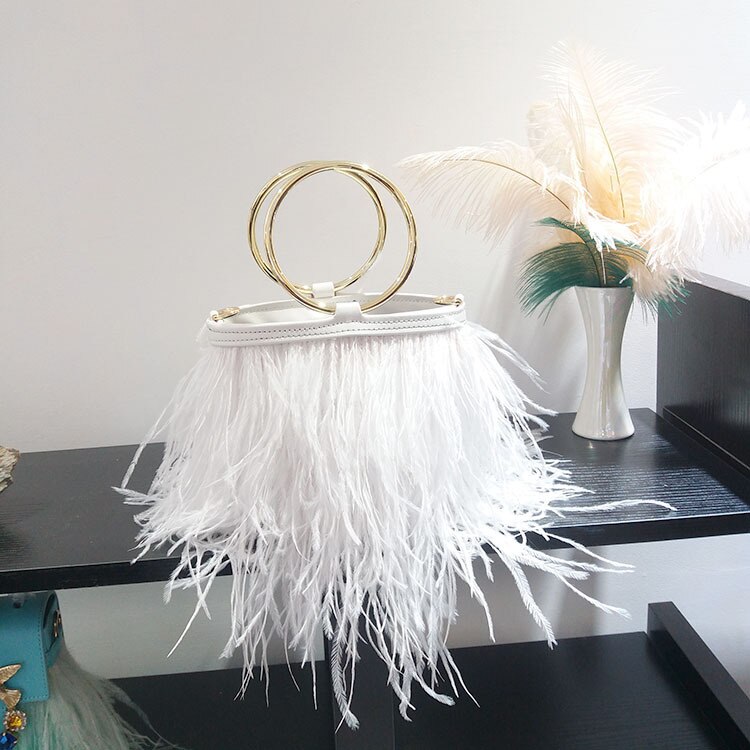 Luxury Ostrich Feather Wedding Purses and Handbags for Women Bucket Tote Pearl Fringe Party Chain Shoulder Bag: white