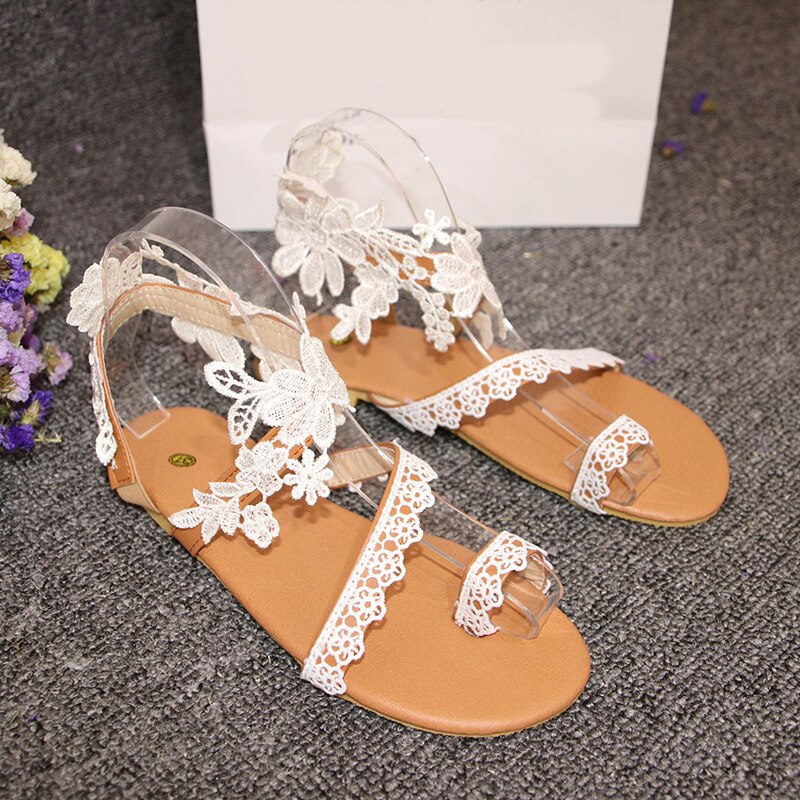 Women Flat Lace Sandals Open Toe Flower Flat Heel Sandals White Bridal Peep Toe Summer Shoe Flat Beach