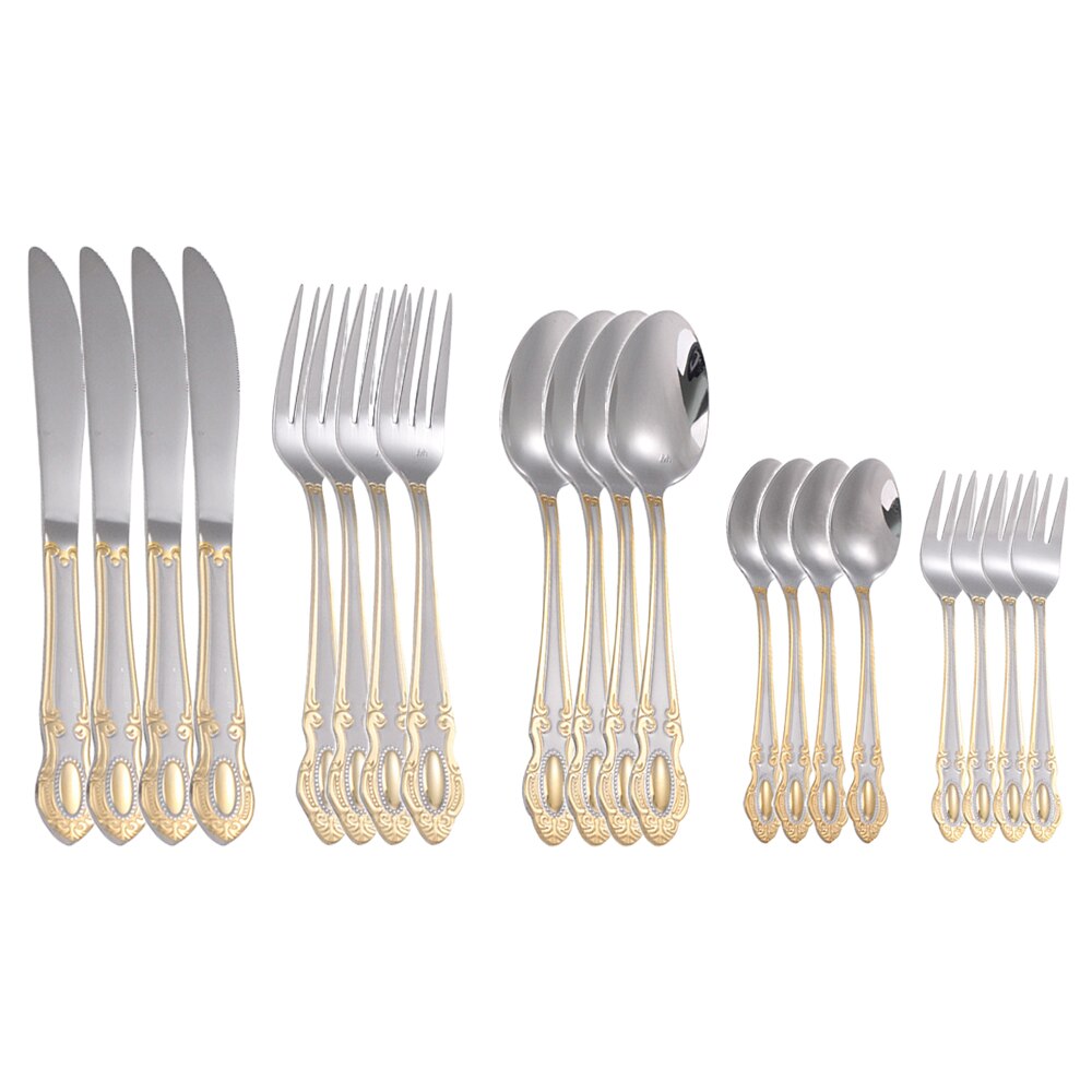 16/20pcs Dinnerware Set Stainless Steel Western Royal Cutlery Silverware Spoon Tea Forks Knives Embossed Handle Dinner Tableware: sliver 20 pieces