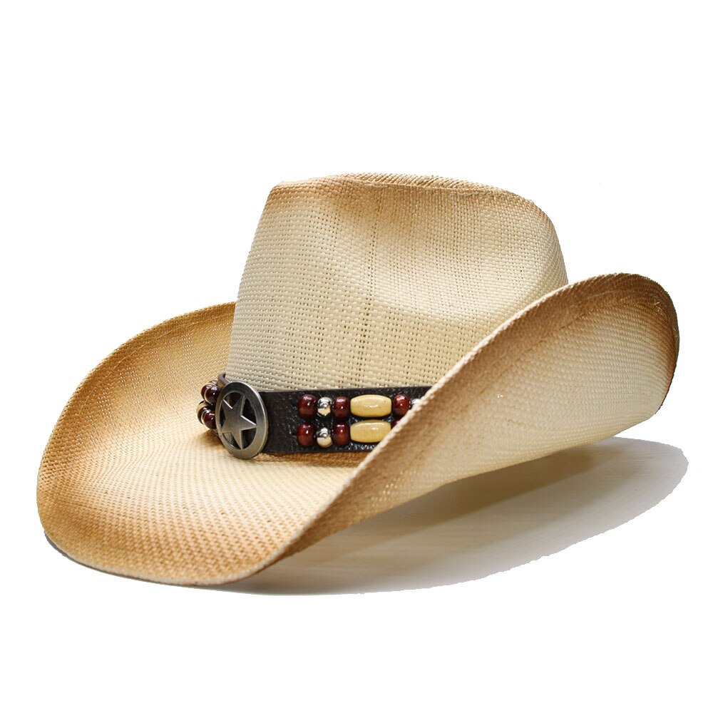 Luckylianji retro dam herr sommar halm strand bred brätte cowboy western cowgirl hatt stjärntecken med pärla läder band (58cm)