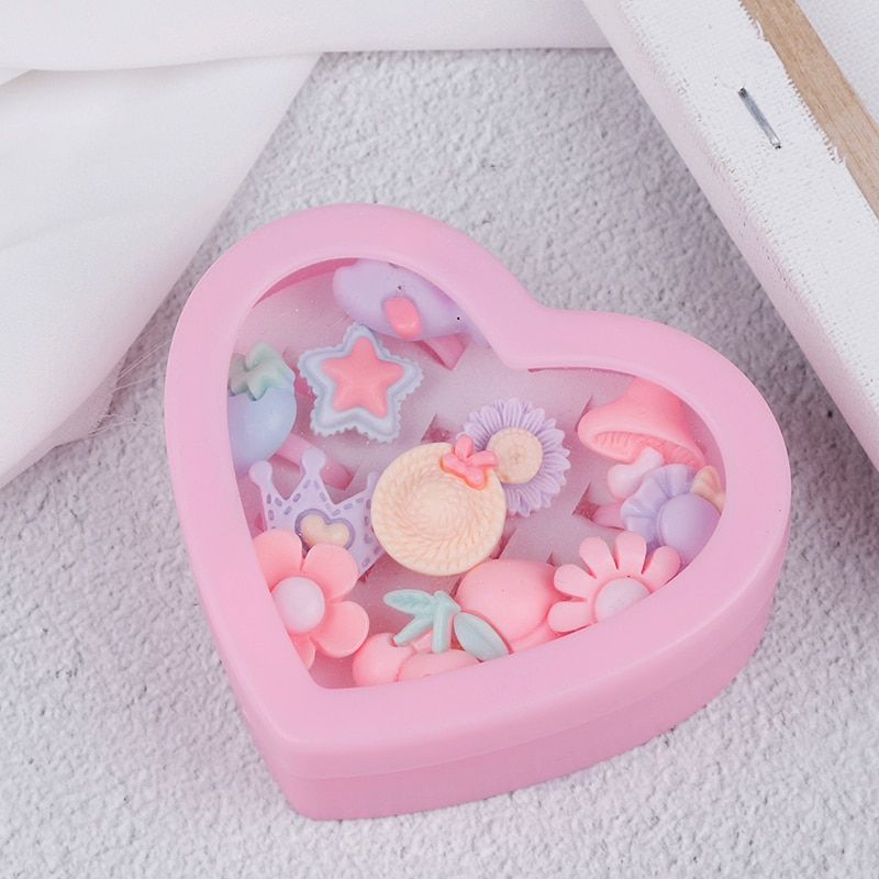 12 st / lot söt tecknad blomma diverse harts plast rosa baby barn flicka barnringar med hjärta låda smycken hantverk leksak